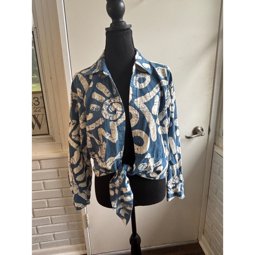 Haute Hippie Linen Blend Cropped Tie Front Button Up Top XL boho coastal